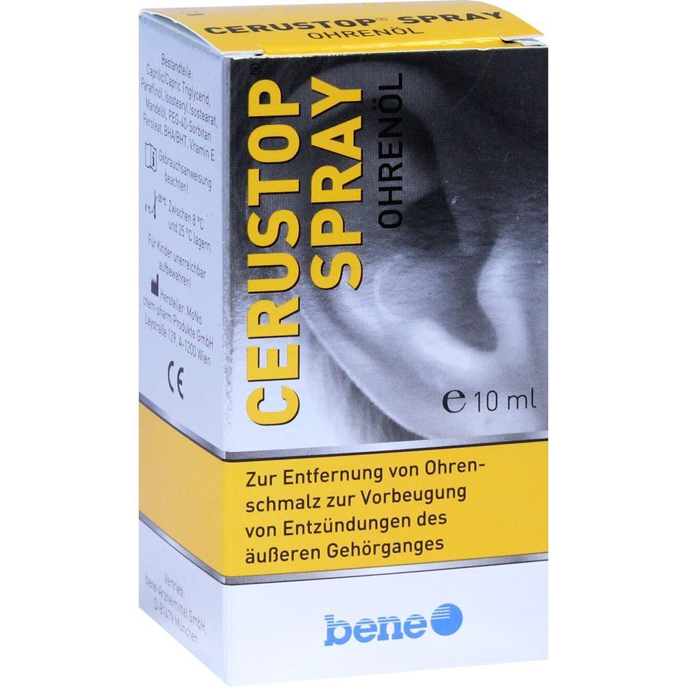 Eine Packung Cerustop Spray Ohrenöl zur Entfernung von Ohrenschmalz.