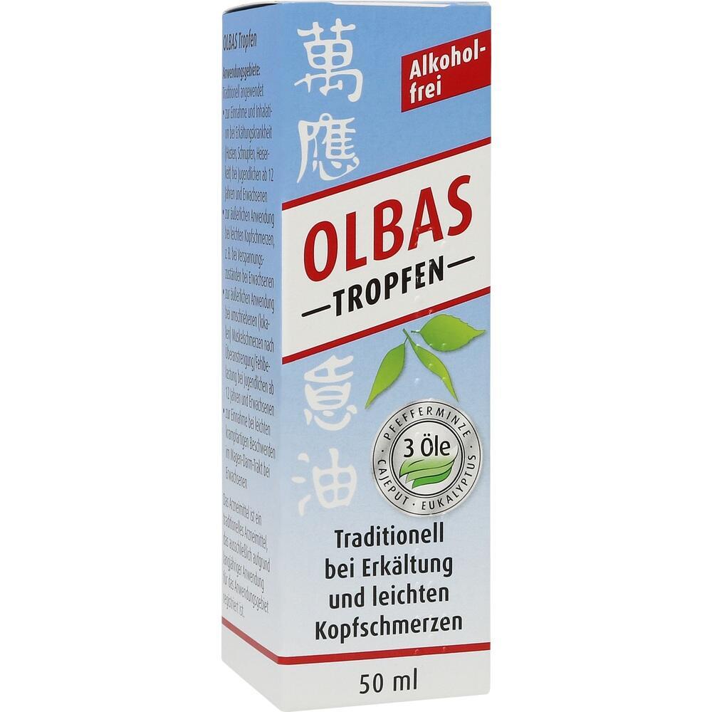 Eine Packung Olbas-Tropfen gegen Erkältung und leichte Kopfschmerzen, alkoholfrei.