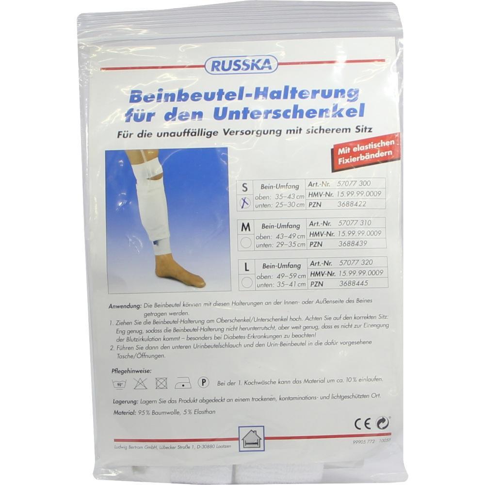 Verpackung einer Beinbeutel-Halterung für den Unterschenkel mit Produktinformationen.