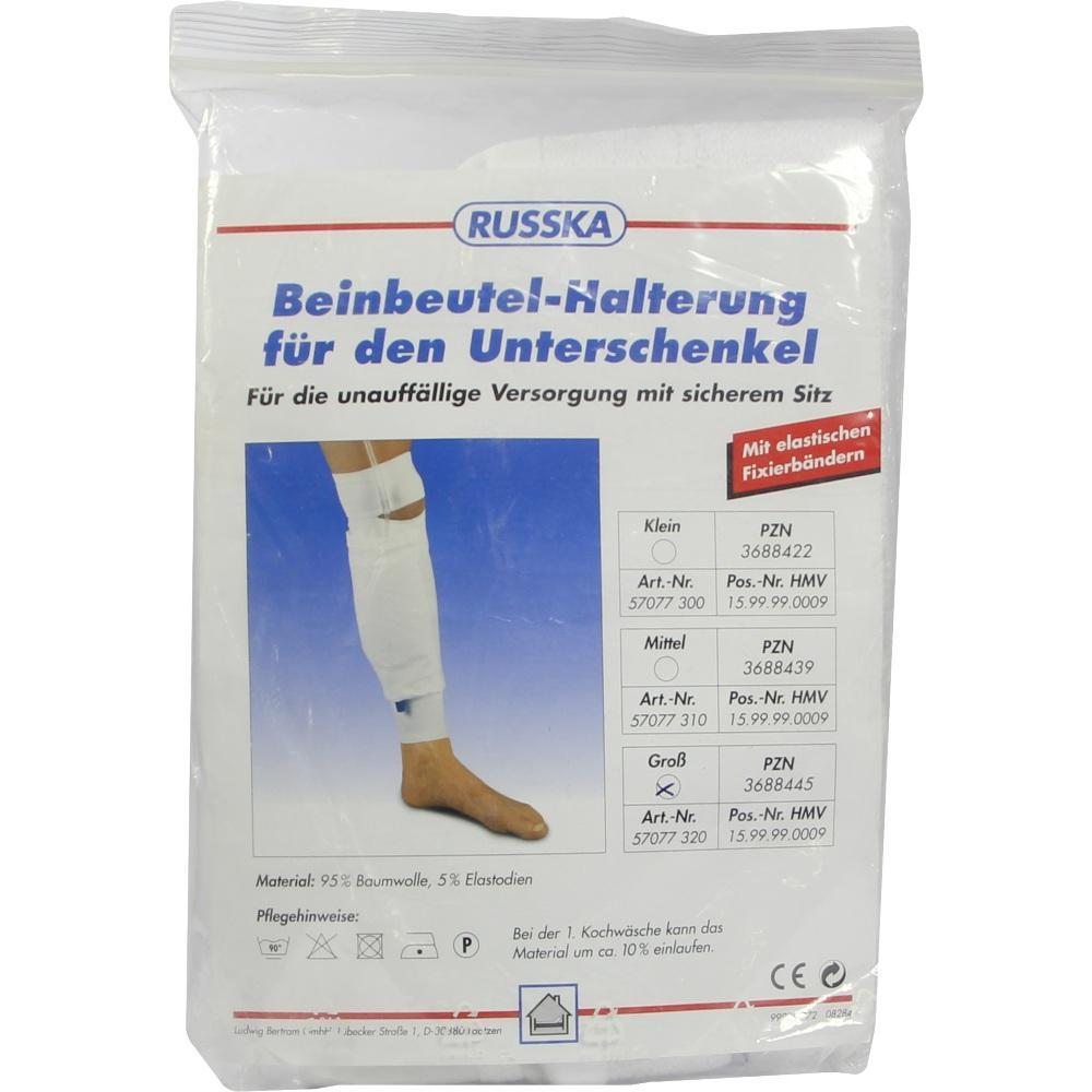 Verpackung für Unter-schenkel-Beinbeutelhalter mit Bild und Größenangaben.
