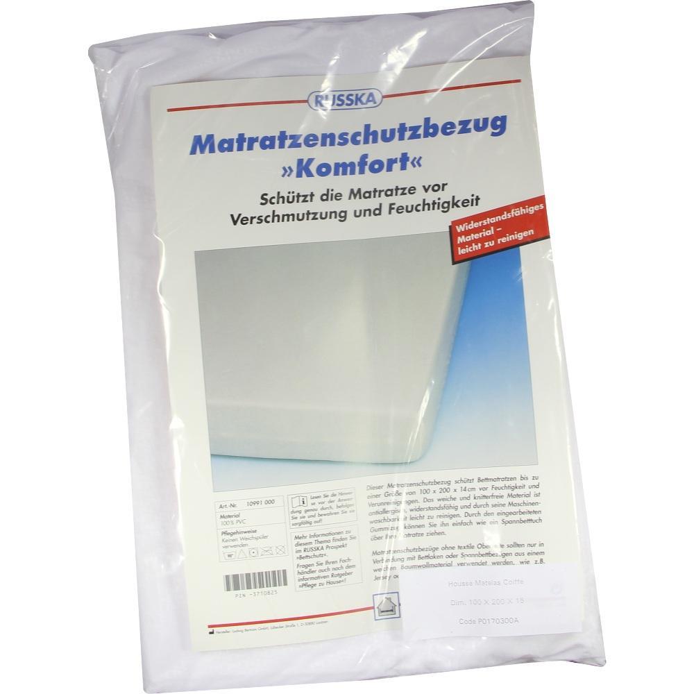 Verpackung eines Matratzenschutzbezugs der Marke "Russka" zum Schutz vor Schmutz und Feuchtigkeit.