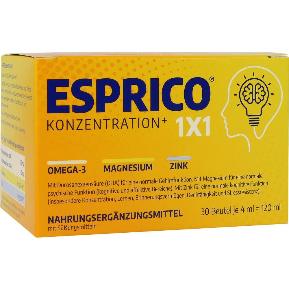 Gelbe Verpackung von ESPRICO Nahrungsergänzungsmittel mit Omega-3, Magnesium und Zink.