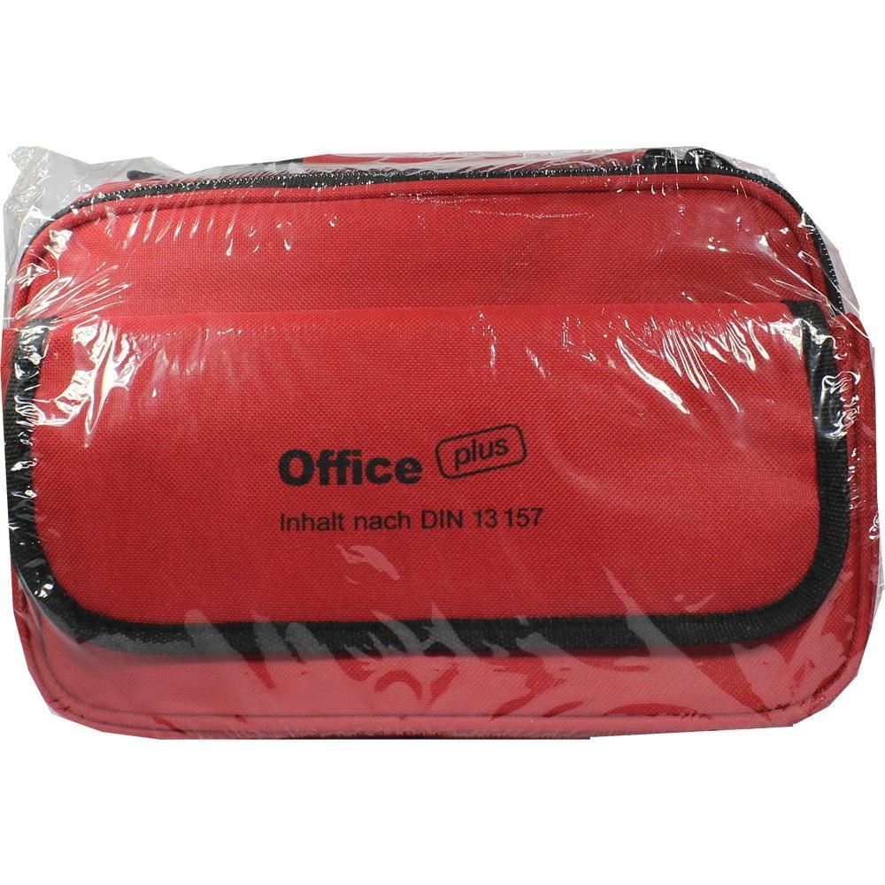 Rote, verpackte Erste-Hilfe-Tasche mit schwarzem Rand und Schriftzug "Office plus".
