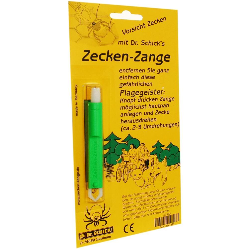Gelbe Packung mit grüner Zeckenzange, Anleitung zur Zeckenentfernung.
