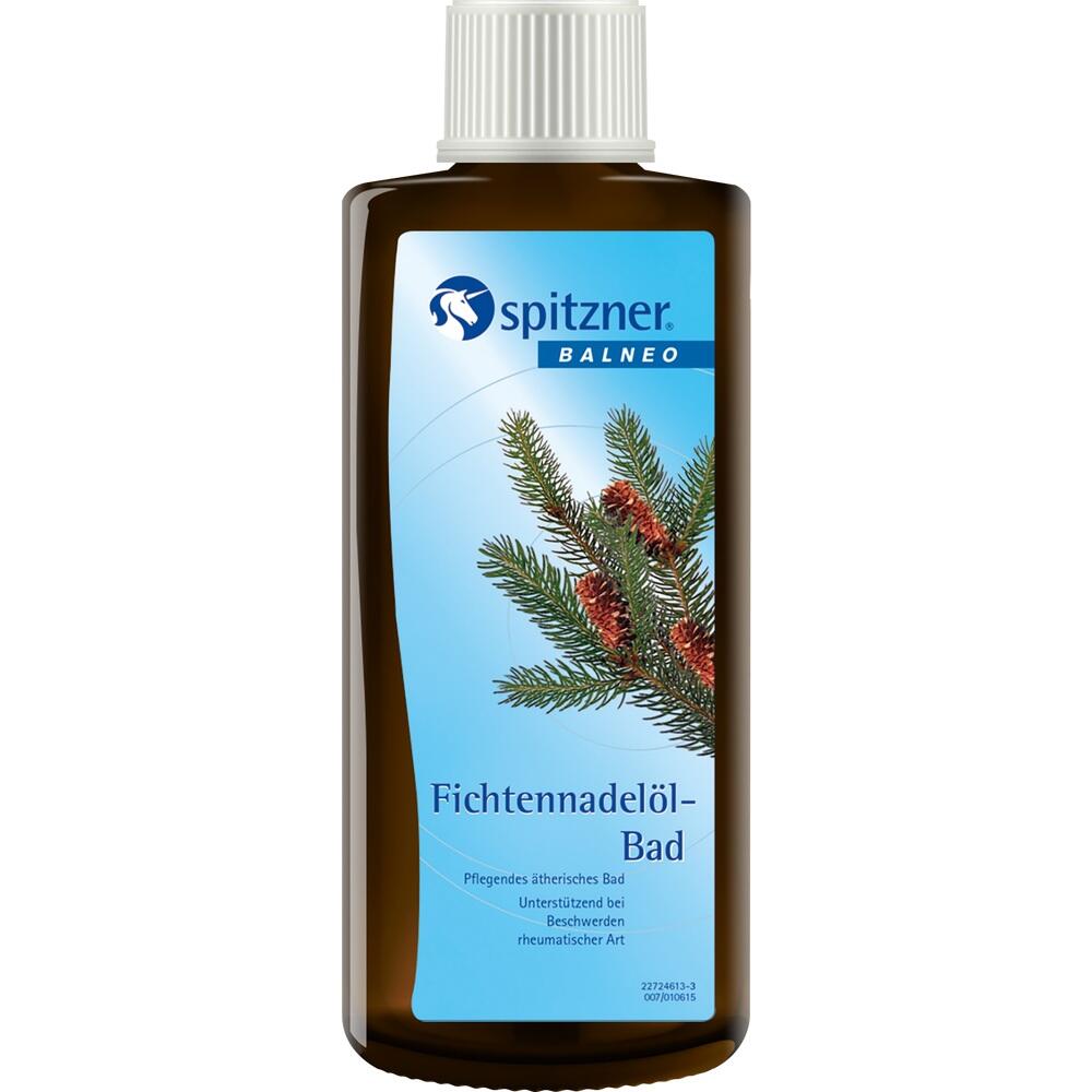 Braune Flasche mit Fichtennadelöl-Bad und Bild von Tannenzweigen auf dem Etikett.