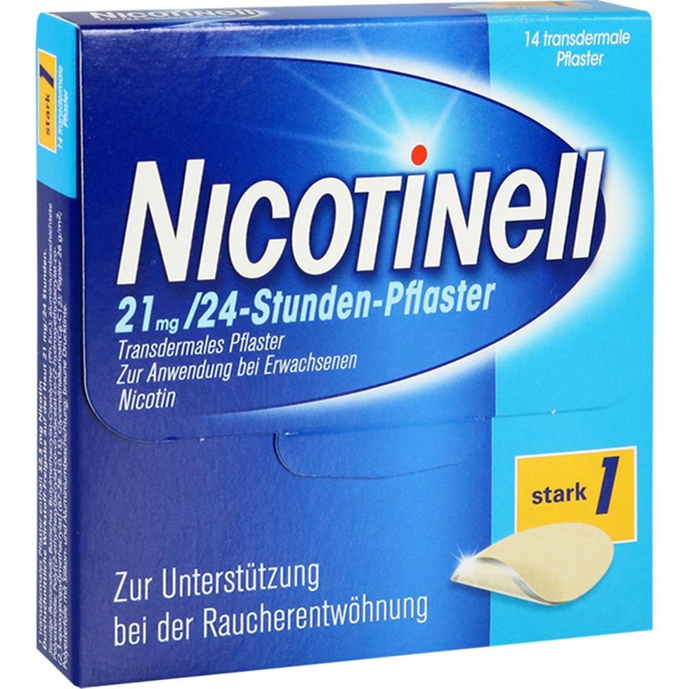 Eine blaue Packung mit Nicotinell-Pflastern zur Rauchentwöhnung.