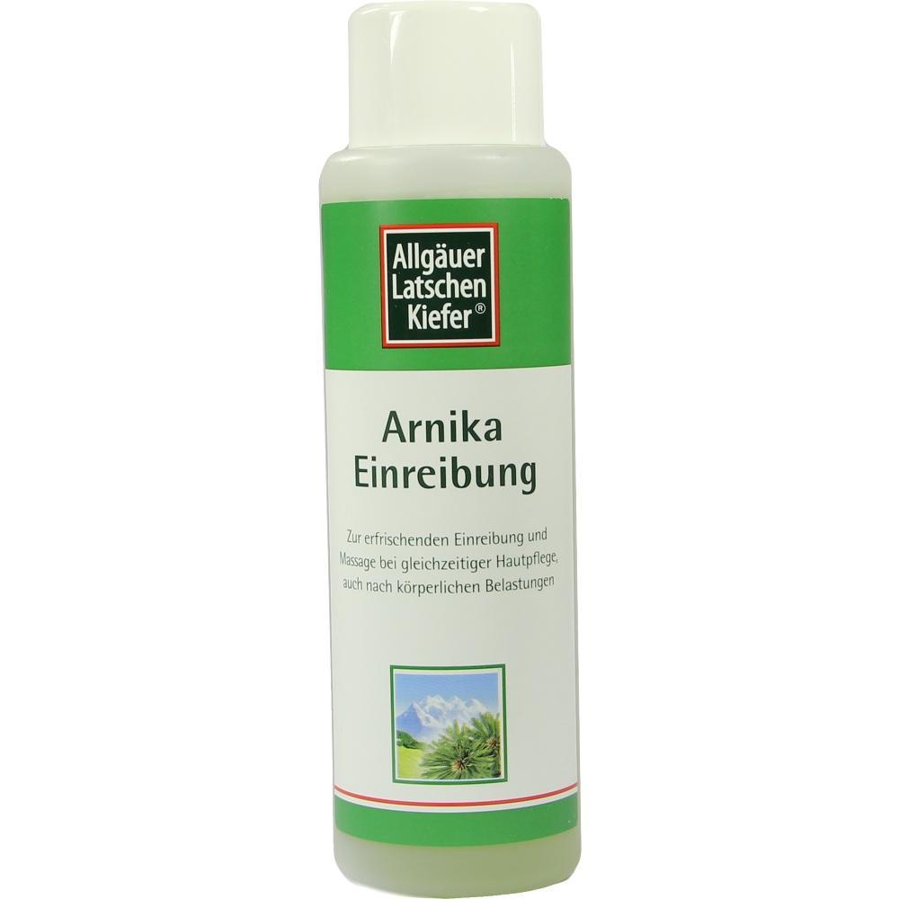 Flasche mit gr&uuml;nem Etikett, darauf steht "Arnika Einreibung" zur Hautpflege.