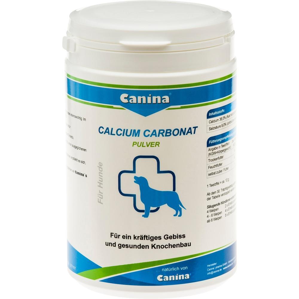 Wei&szlig;e Dose mit der Aufschrift "Calcium Carbonat Pulver" f&uuml;r Hunde.
