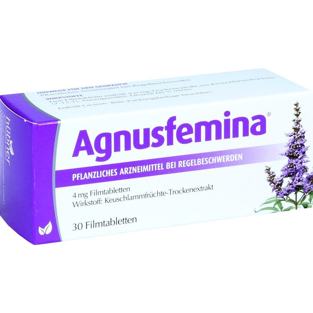 Packung von Agnusfemina, einem pflanzlichen Mittel bei Regelbeschwerden, mit Blumenbild.