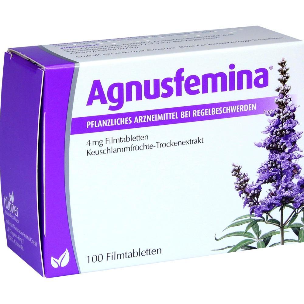Eine Packung mit dem pflanzlichen Medikament Agnusfemina gegen Regelbeschwerden.