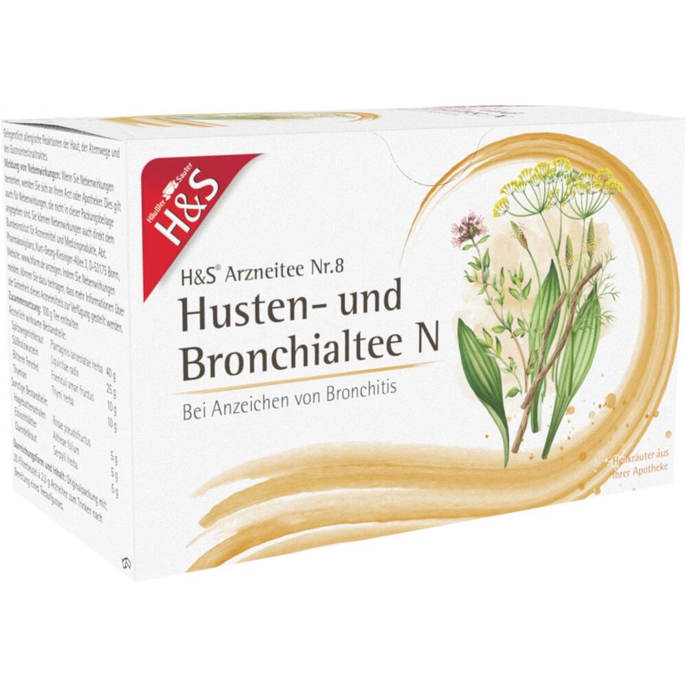 Packung von H&S Husten- und Bronchialtee mit Abbildung von Kräutern.