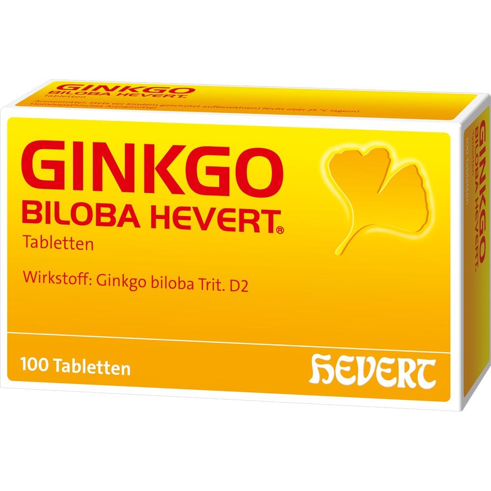 Gelbe Packung von Ginkgo-Tabletten mit einem Blatt als Symbol.