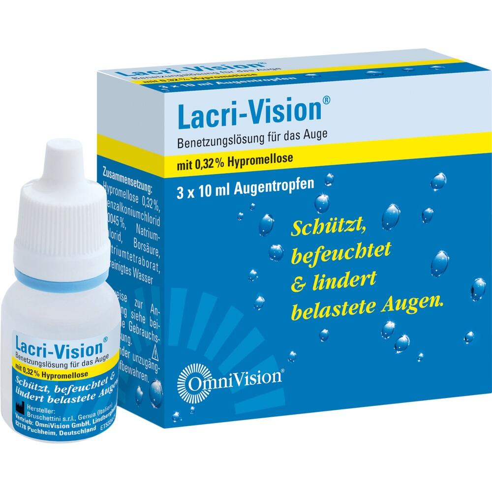 Eine Packung und Flasche Lacri-Vision Augentropfen für trockene Augen.