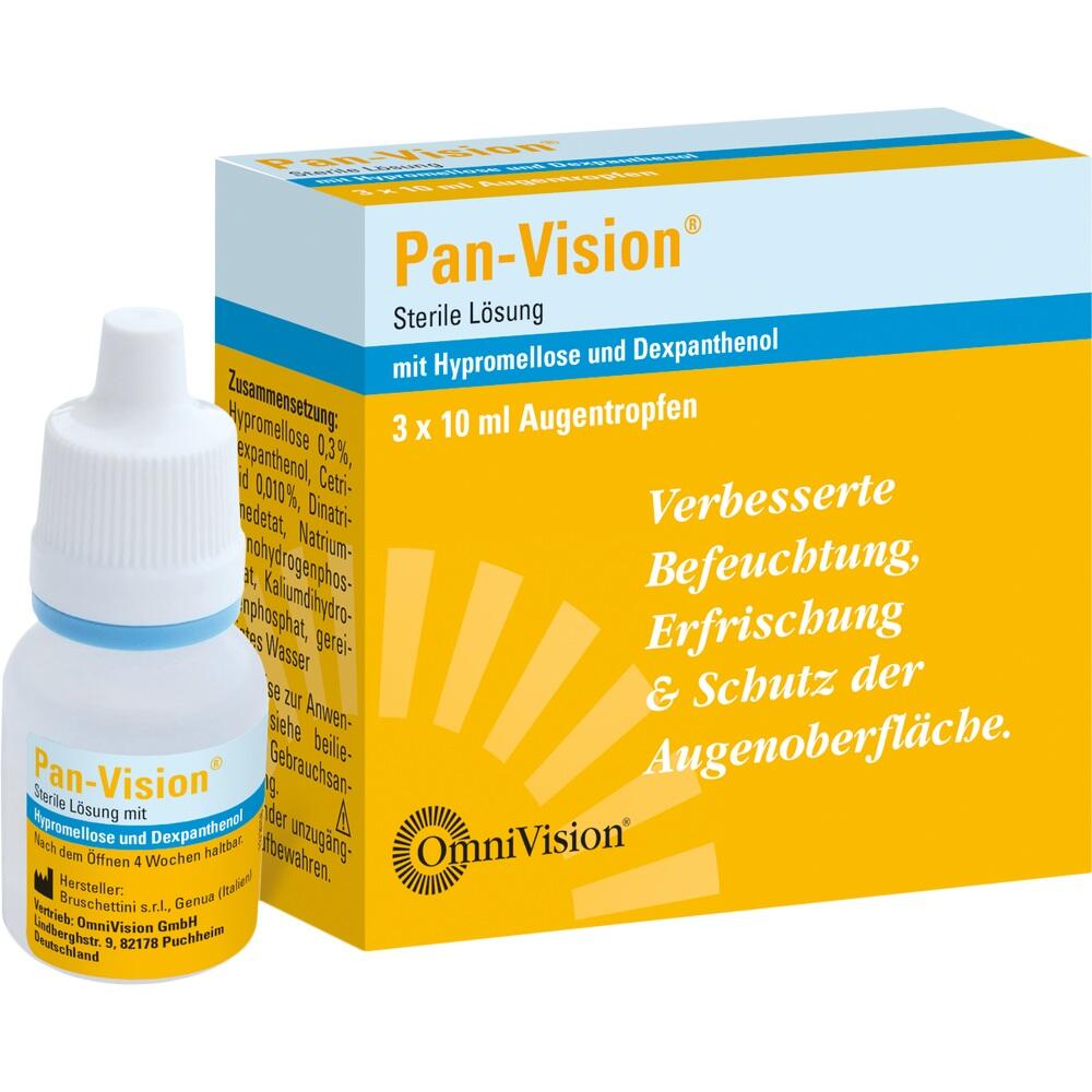 Eine Packung Pan-Vision Augentropfen mit Flasche daneben.
