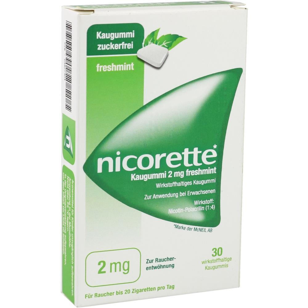 Packung Nicorette-Kaugummi zur Raucherentwöhnung mit Minzgeschmack.