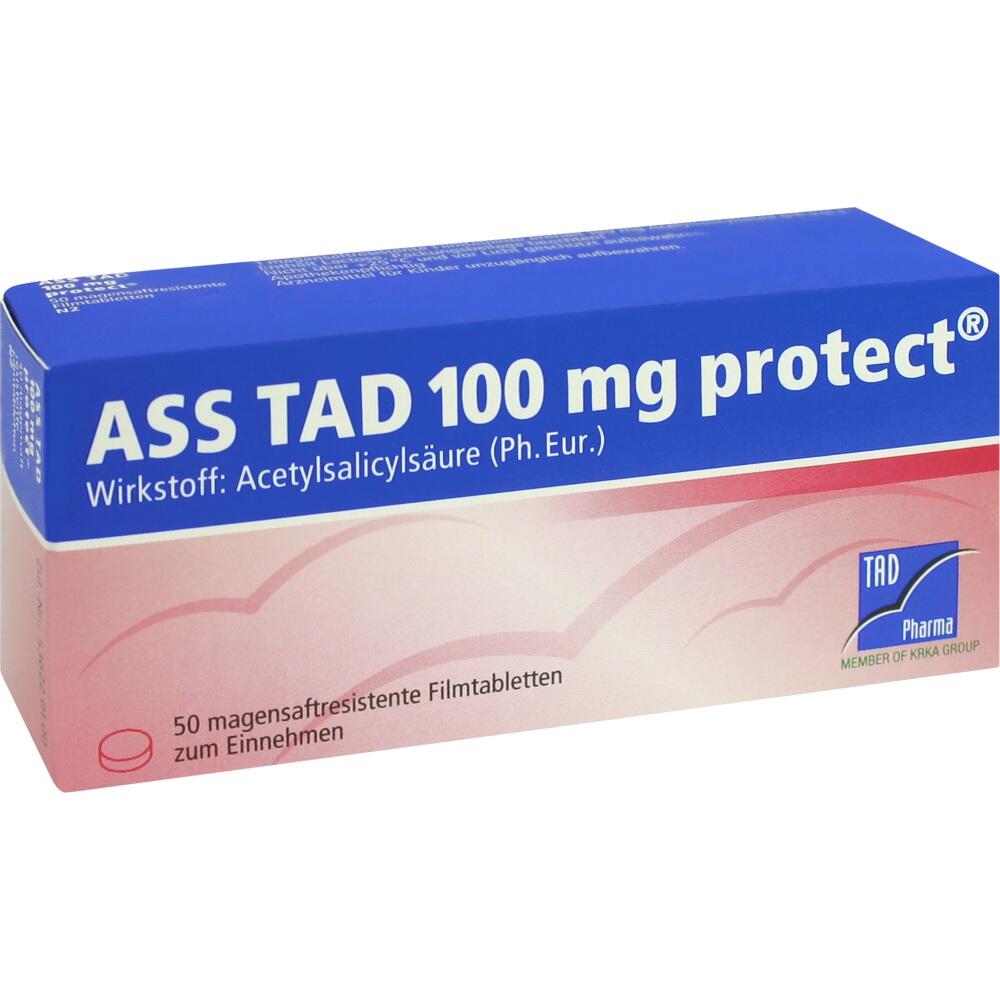 Eine Packung ASS TAD 100 mg Filmtabletten mit Acetylsalicylsäure.
