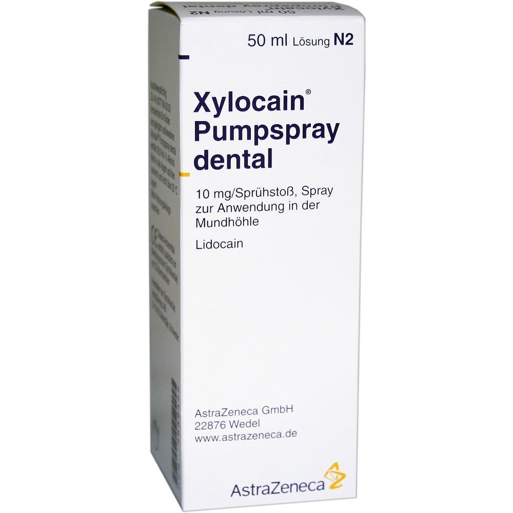 Eine Verpackung von Xylocain Pumpspray dental zur Anwendung in der Mundhöhle.