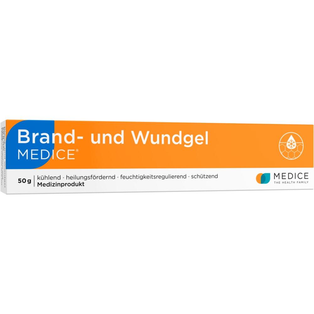 Orangefarbene Verpackung eines Brand- und Wundgels von Medice.