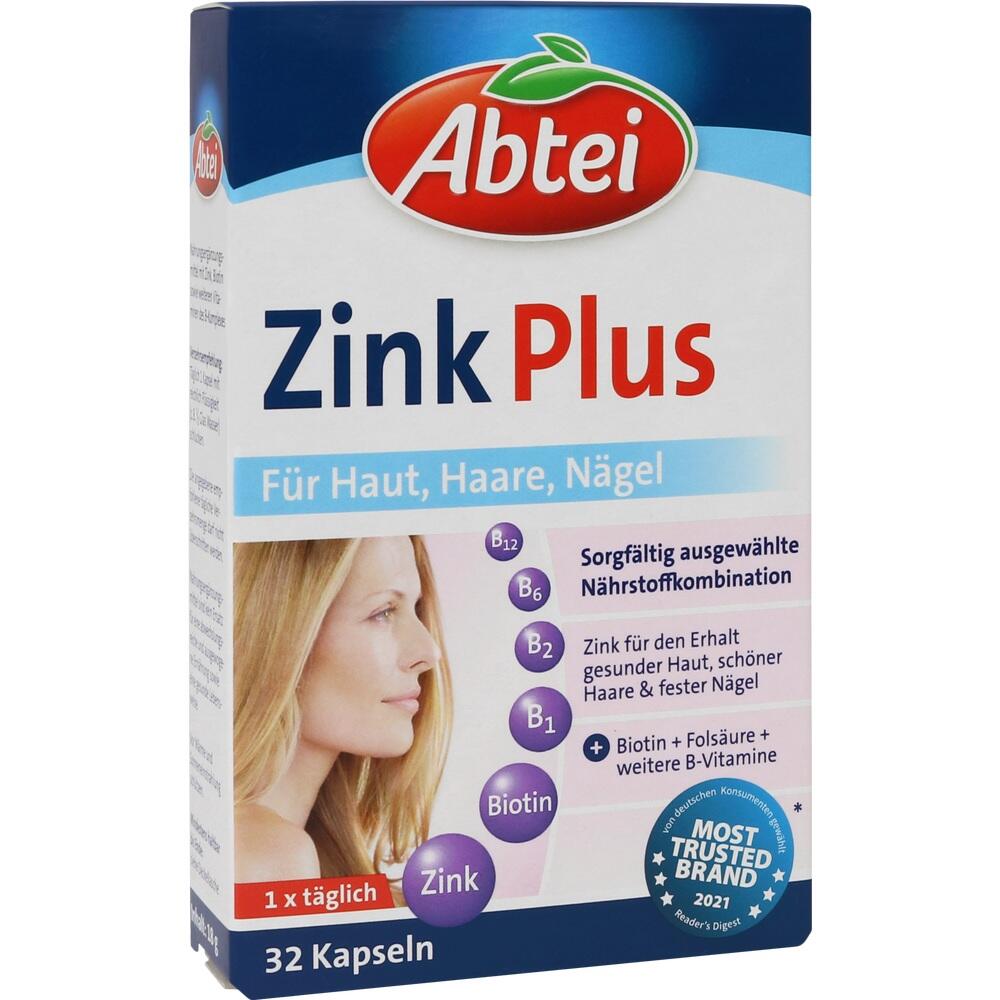 Eine Packung Zink Plus Kapseln der Marke Abtei für Haut, Haare und Nägel.