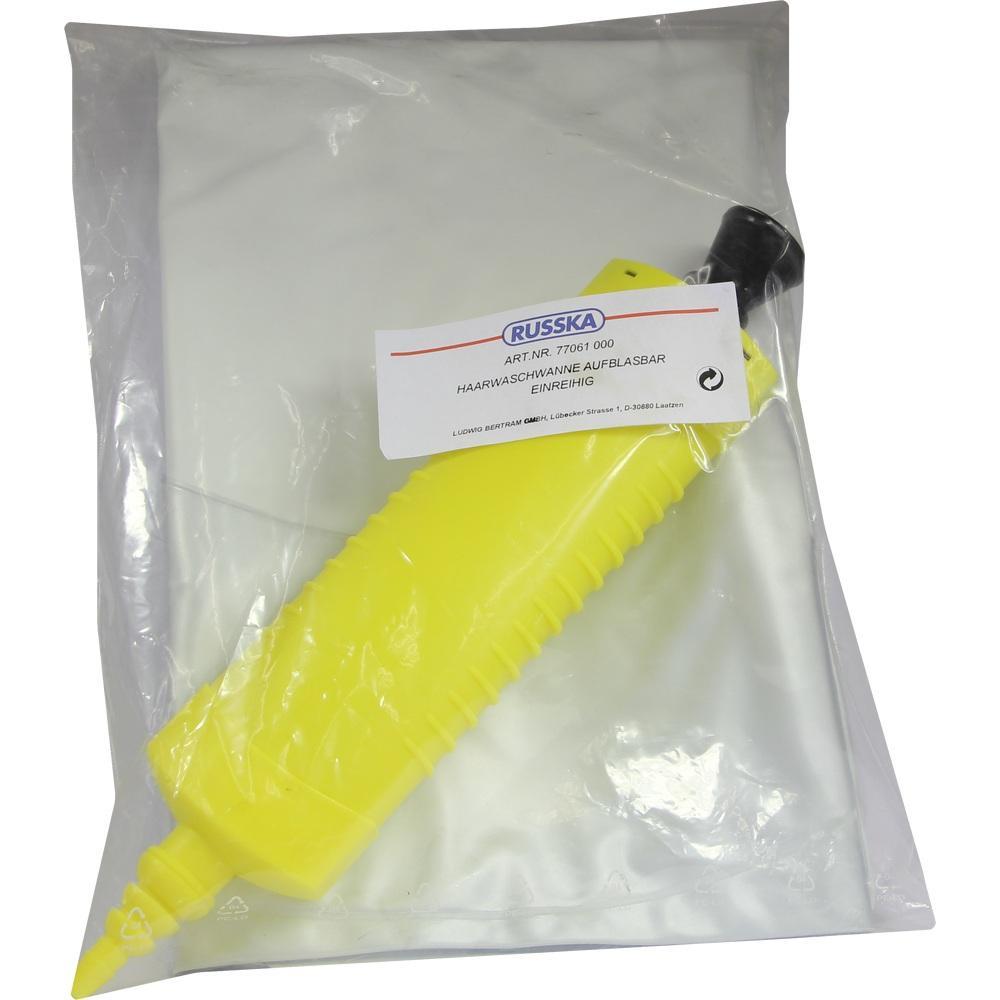Gelbes, aufblasbares Haarwaschwannen-Set in einer durchsichtigen Plastiktüte.