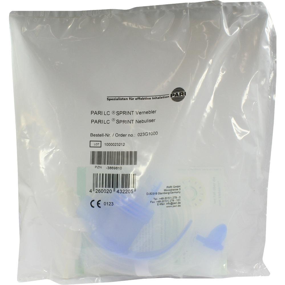 Plastikt&uuml;te mit einem PARI LC SPRINT Vernebler und Aufschrift in verschiedenen Sprachen.
