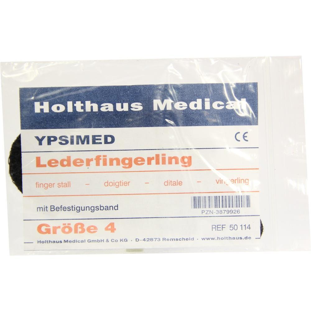 Verpackung eines Lederfingerlings von Holthaus Medical in Gr&ouml;&szlig;e 4.