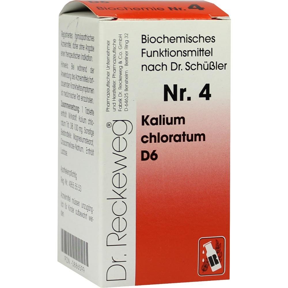 Eine wei&szlig;e und rote Medikamentenverpackung mit der Aufschrift "Nr. 4 Kalium chloratum D6".