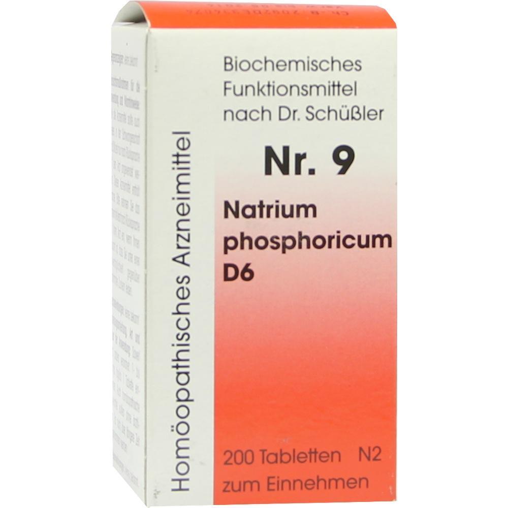 Eine Packung mit hom&ouml;opathischen Tabletten von Dr. Sch&uuml;&szlig;ler, Nr. 9, Natrium phosphoricum D6.