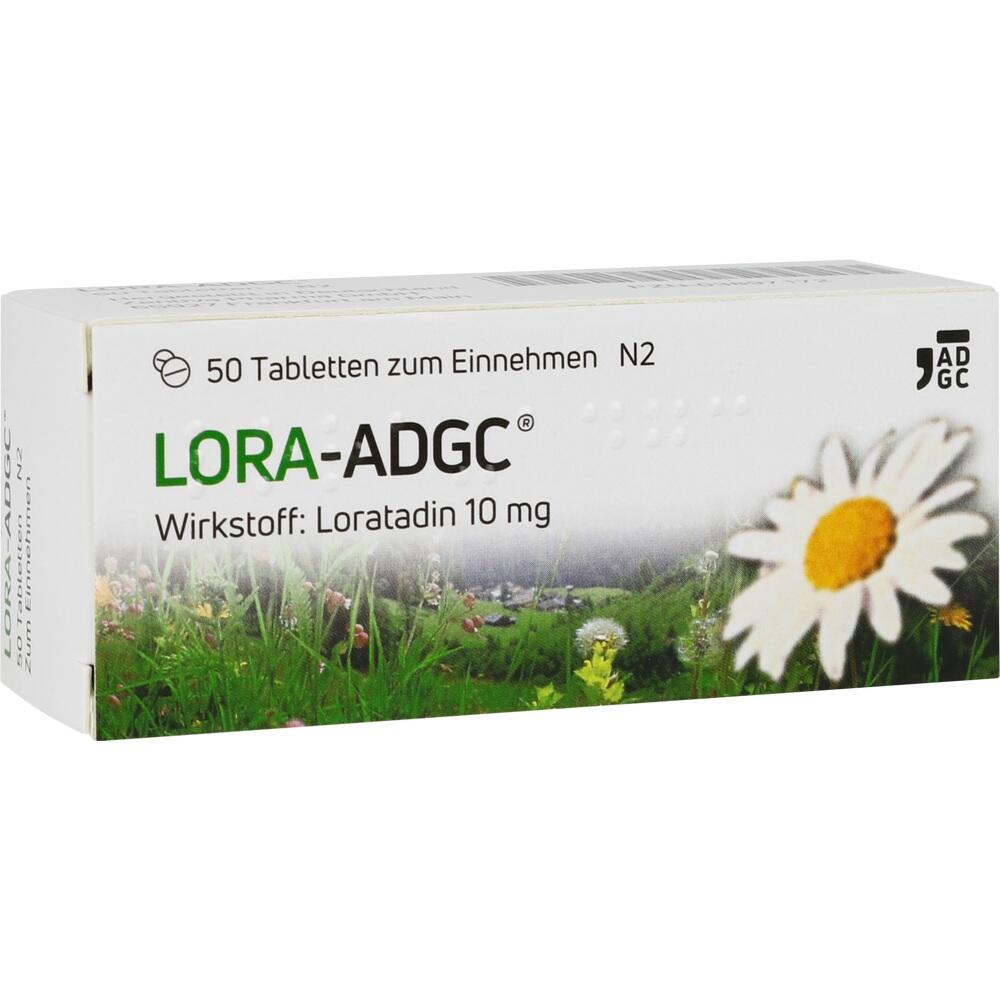 Weiße Tablettenpackung mit einer großen Blume und der Aufschrift "LORA-ADGC".
