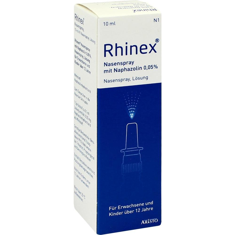 Eine Schachtel Rhinex Nasenspray für Erwachsene und Kinder ab 12 Jahren.