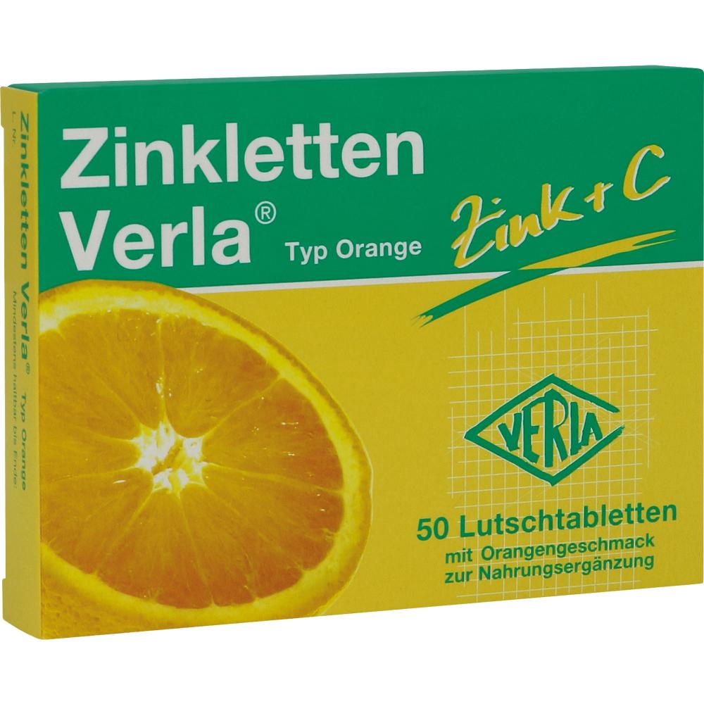 Grüne Verpackung von Lutschtabletten mit Orangengeschmack zur Nahrungsergänzung.