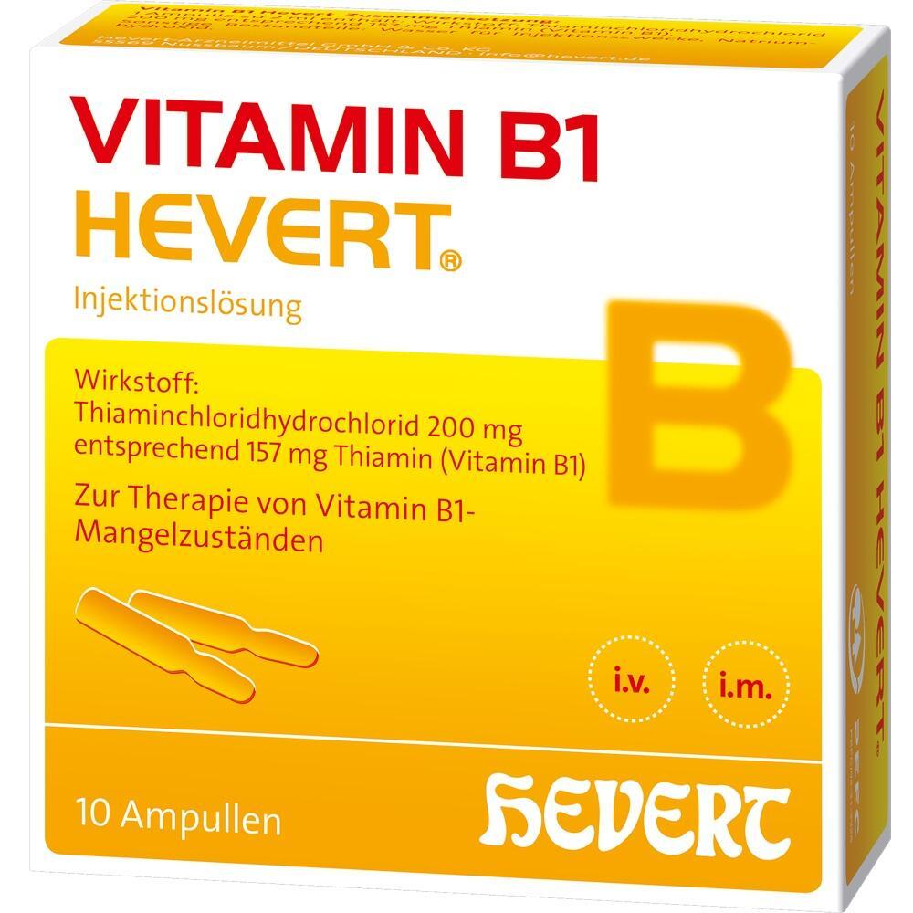 Eine Packung mit Vitamin B1 Injektionslösung von Hevert, enthält 10 Ampullen.