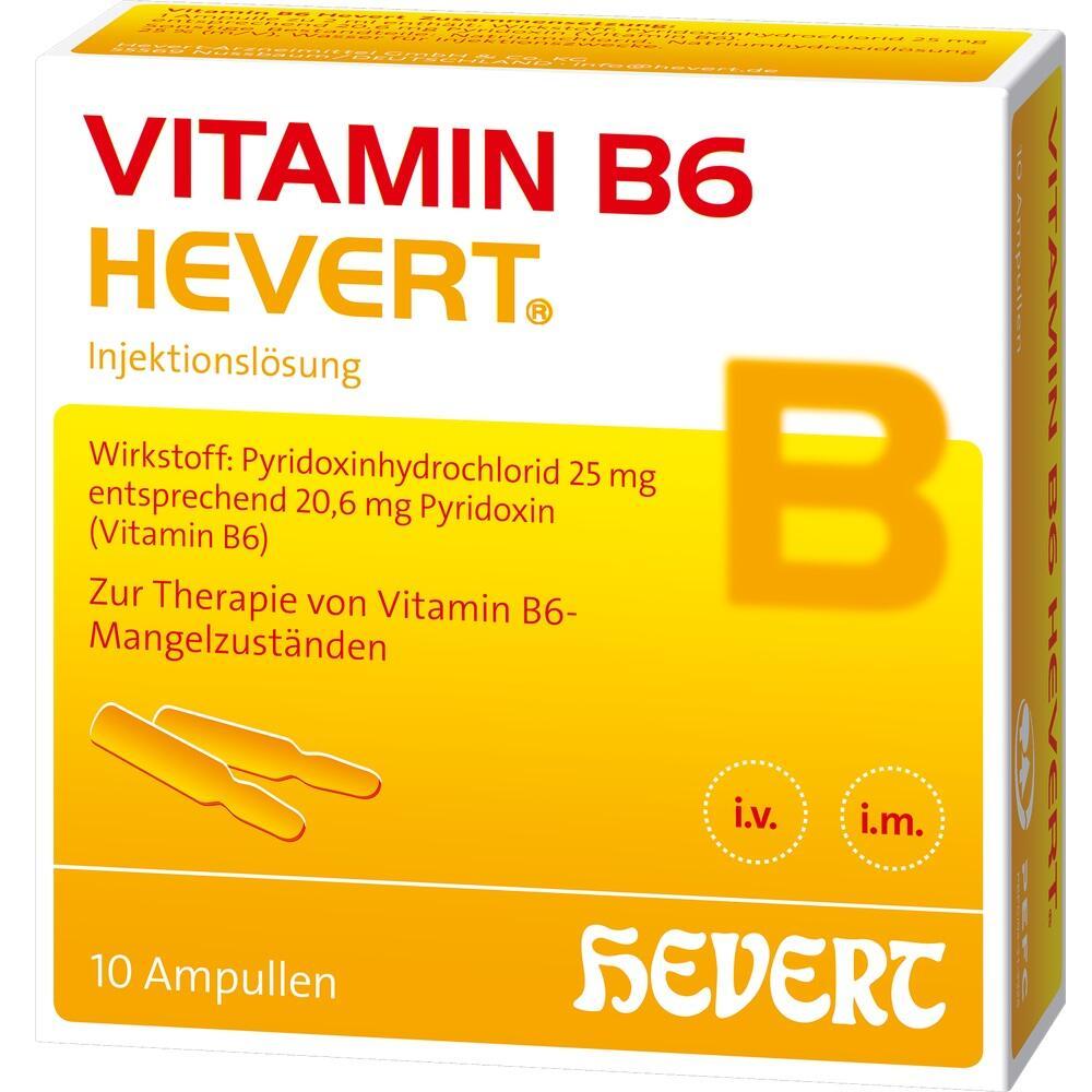 Gelbe Packung mit Vitamin B6-Ampullen zur Behandlung von Mangelzuständen.