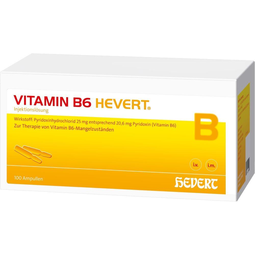 Gelbe Verpackung von Vitamin B6-Hevert Injektionslösung mit 10 Ampullen.
