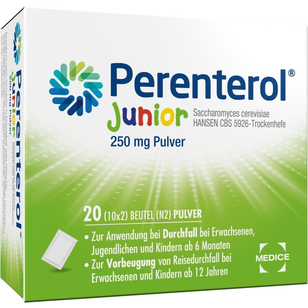 Packung von Perenterol Junior Pulver zur Behandlung von Durchfall.