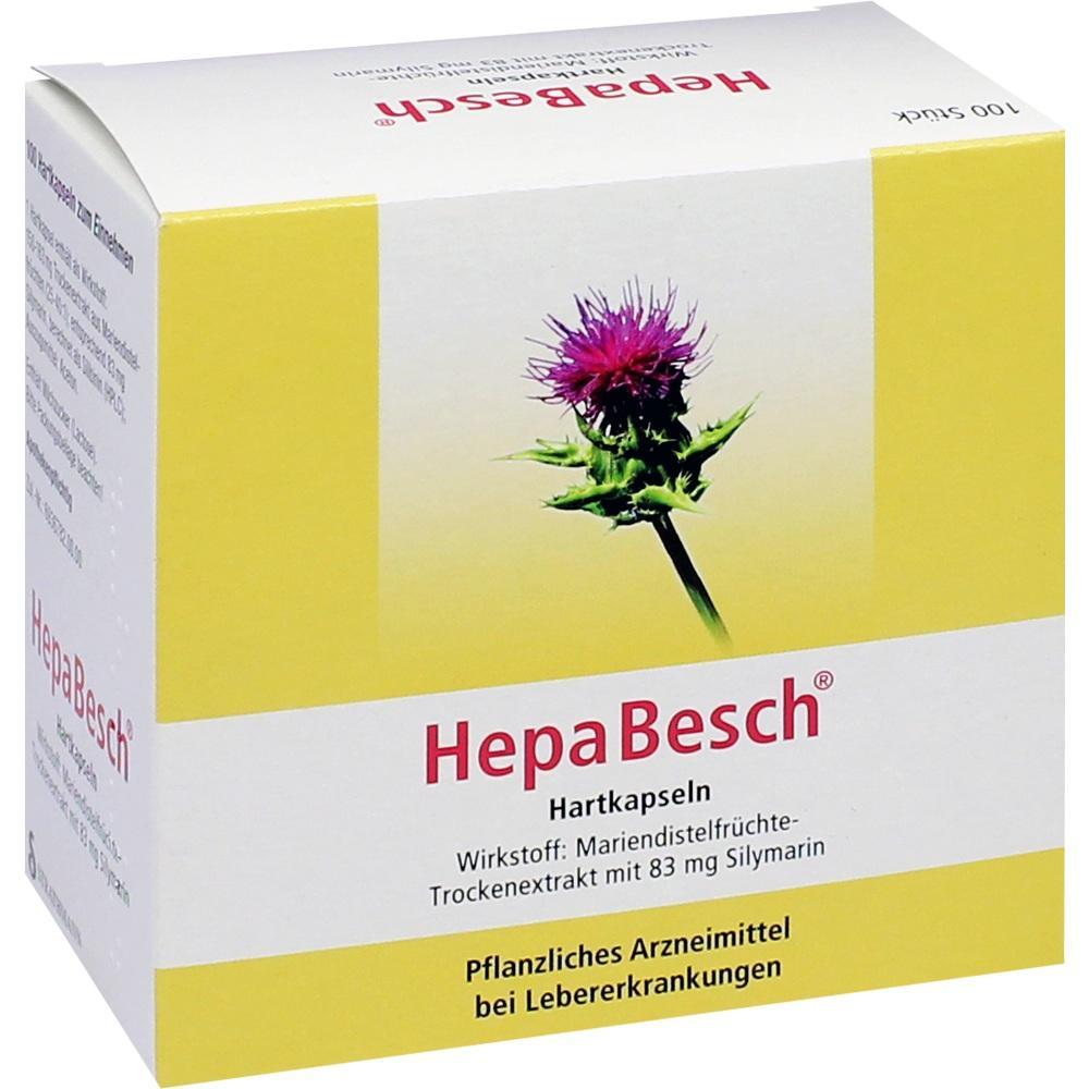 Eine Verpackung von HepaBesch-Kapseln mit einem Bild einer lila Distelblüte.