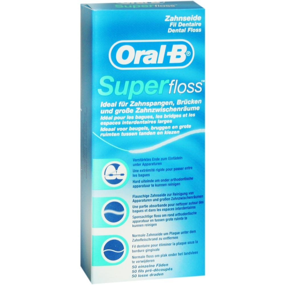 Eine Packung Oral-B Superfloss Zahnseide für Zahnspangen und Brücken.