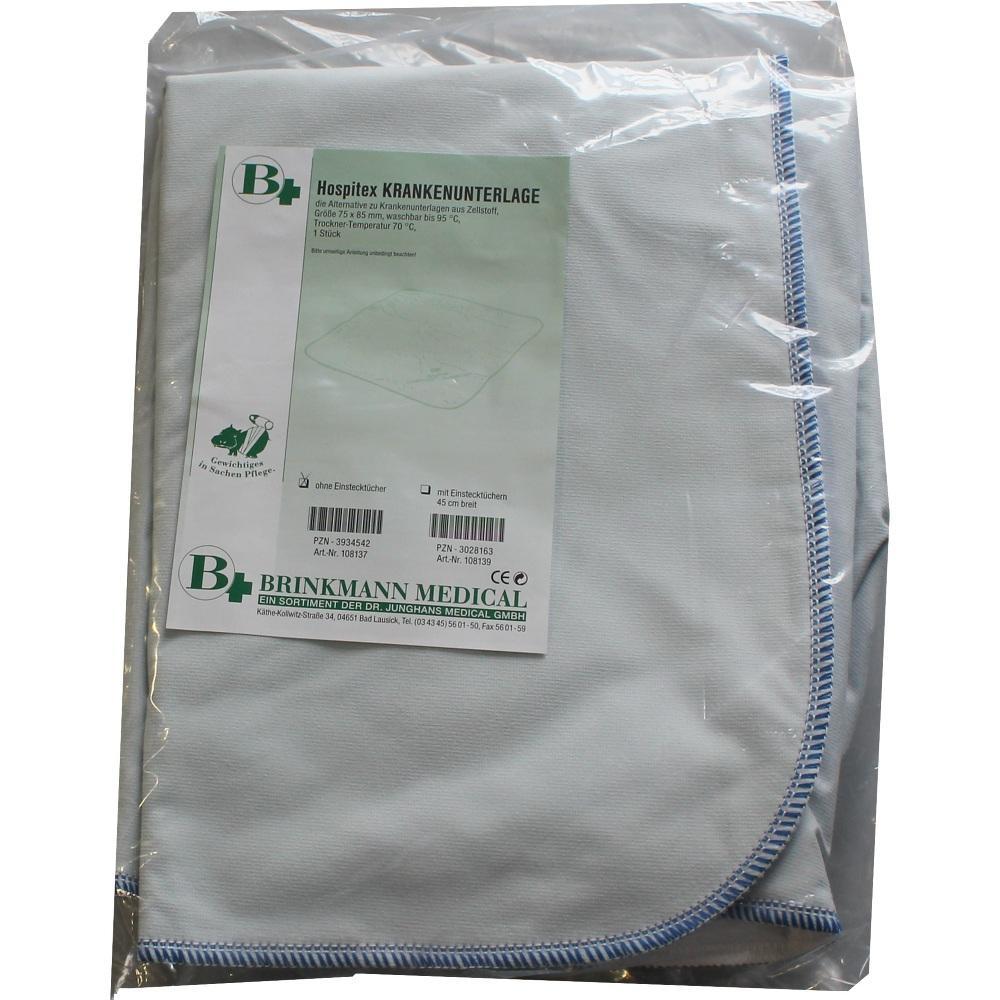 Verpackte, weiße Krankenunterlage mit blauer Umrandung auf Etikett.