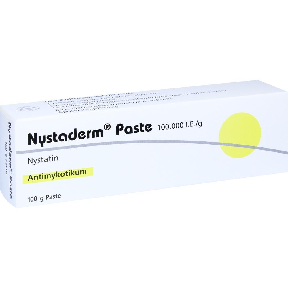 Weiße Packung Nystaderm Paste mit gelbem Kreis, enthält Antimykotikum Nystatin.