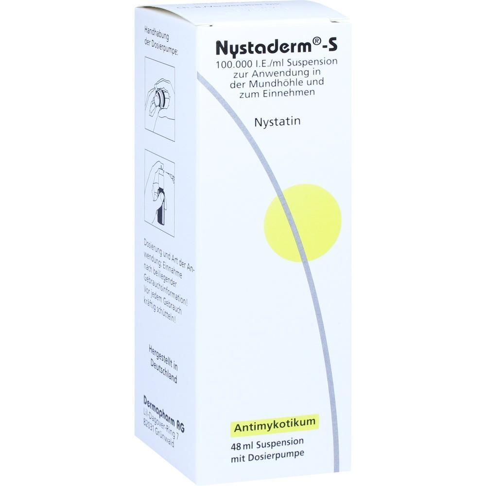 Verpackung von Nystaderm-S Medizin mit Dosierpumpe.