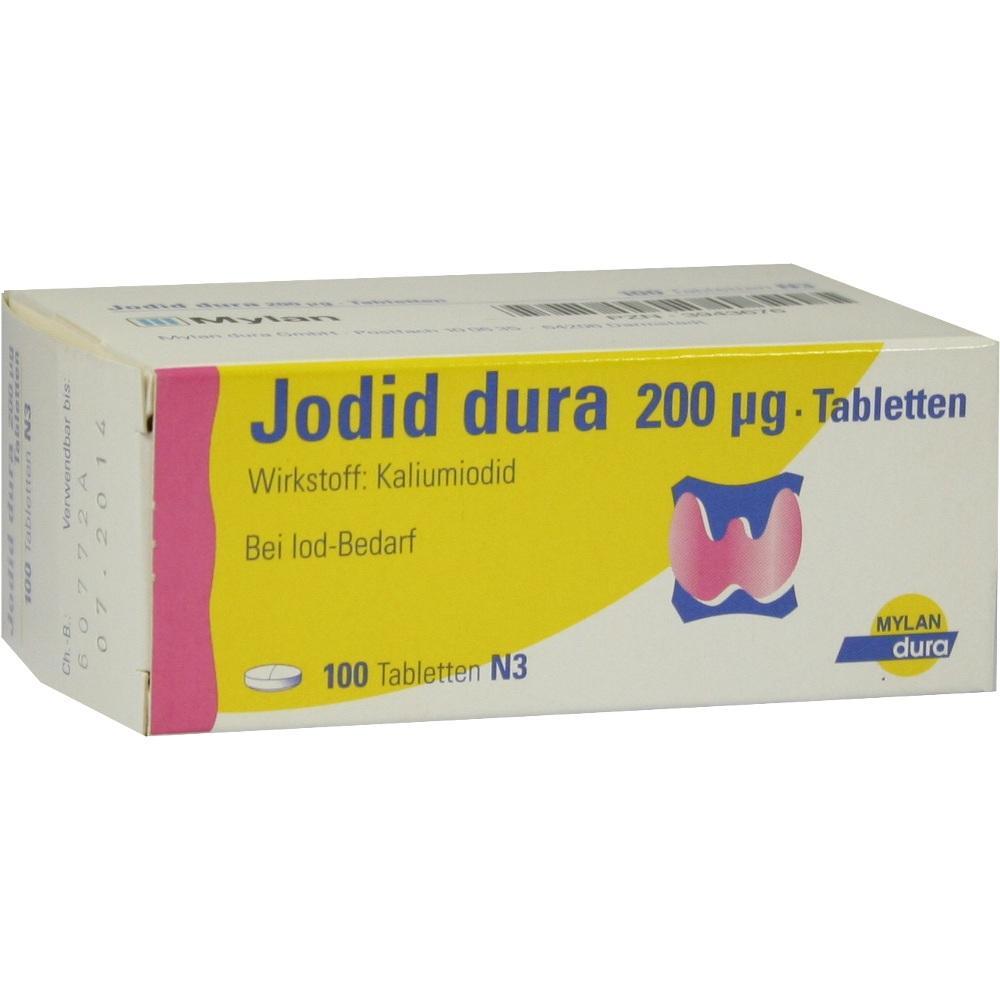 Eine Packung Jodid-Tabletten mit 200 µg Kaliumiodid.