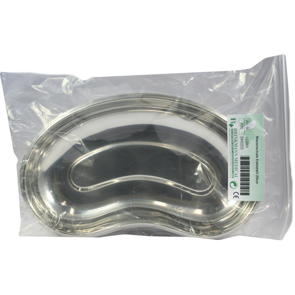 Eine verpackte, nierenförmige Metallschale aus Edelstahl.