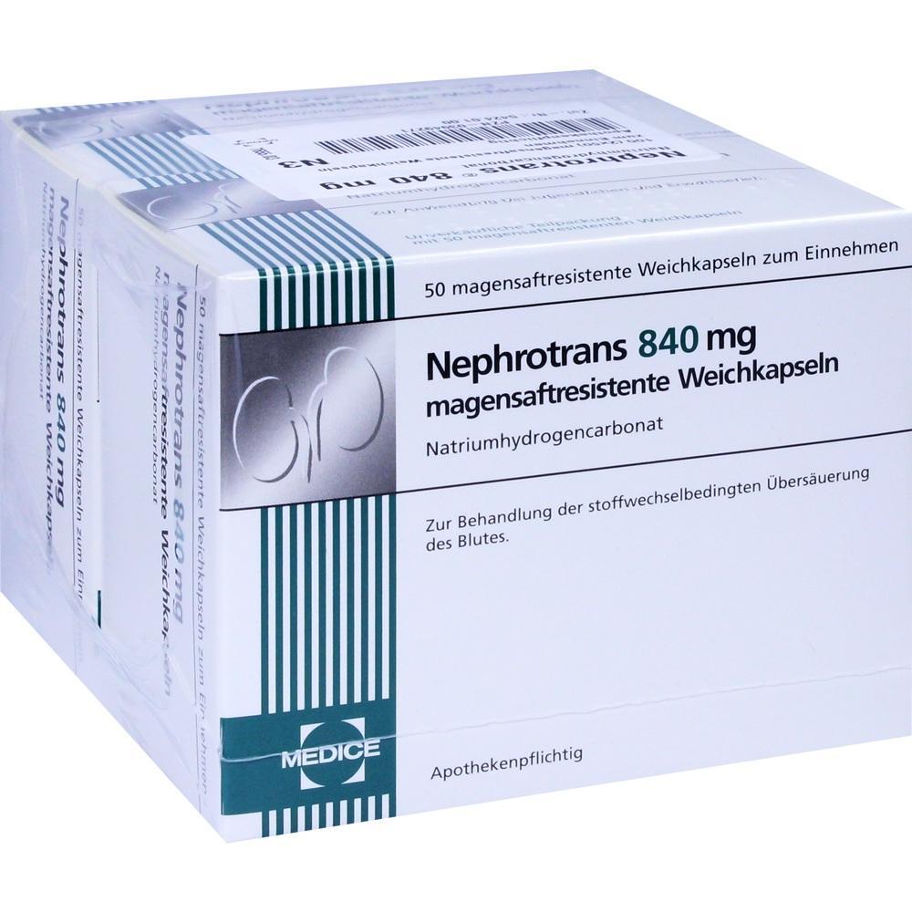 Eine Schachtel mit magensaftresistenten Weichkapseln namens Nephrotrans 840 mg.
