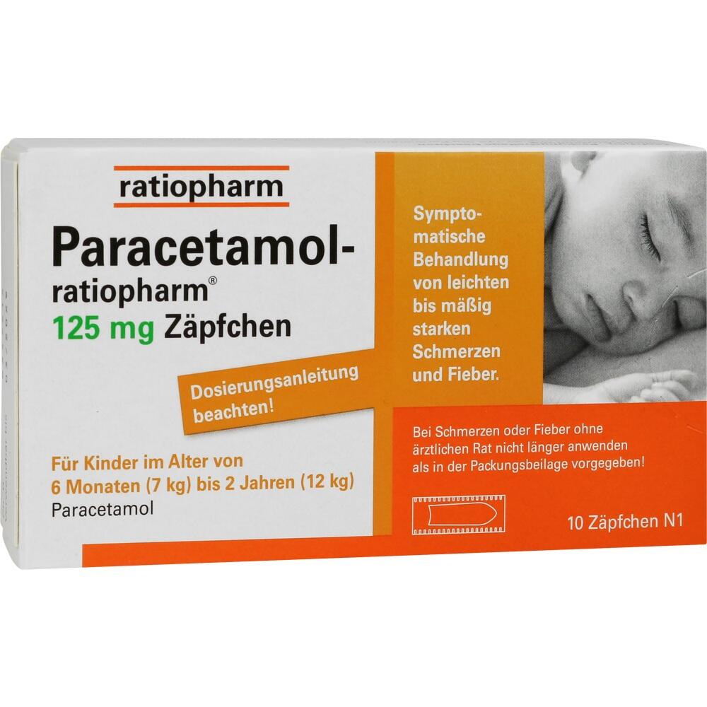 Eine Packung Paracetamol-Zäpfchen für Kinder mit 125 mg zur Fiebersenkung.