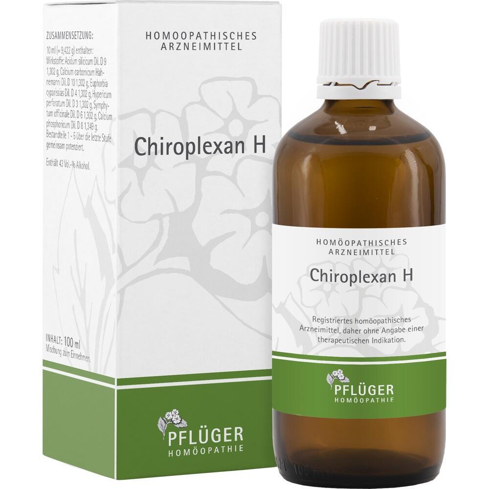 Eine braune Flasche und eine wei&szlig;e Schachtel mit der Aufschrift "Chiroplexan H".