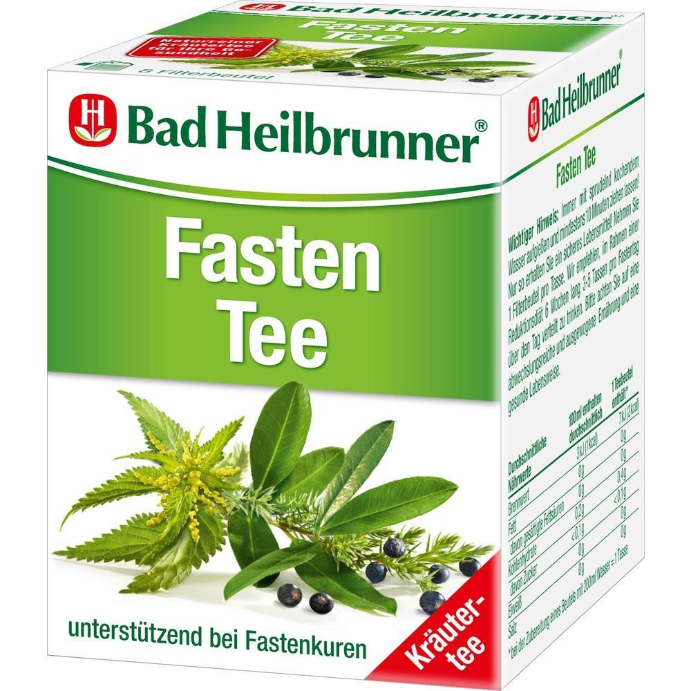 Eine grüne Packung Fastentee von Bad Heilbrunner mit Kräutern auf der Vorderseite.