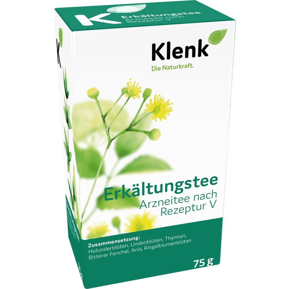 Erkältungstee-Packung mit gelben Blüten und grüner Schrift.