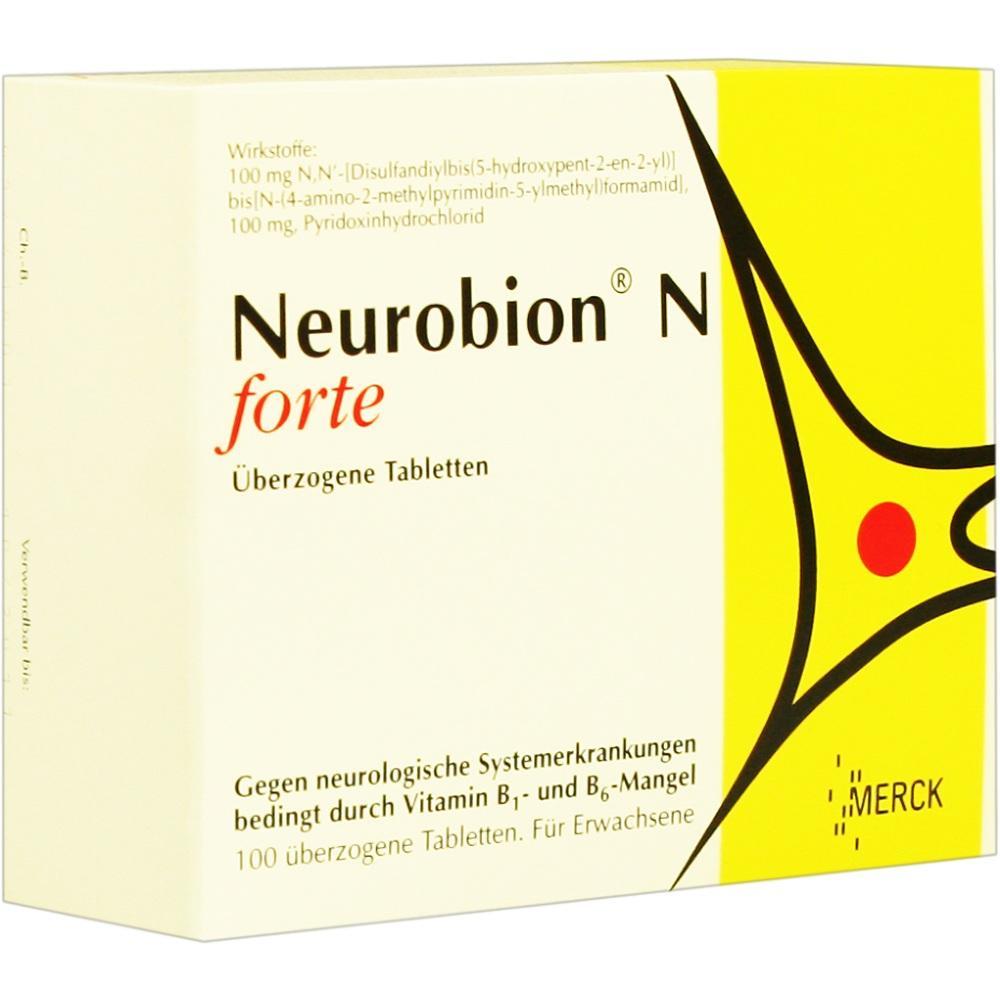 Gelbe Medikamentenverpackung von Neurobion N forte mit 100 überzogenen Tabletten.