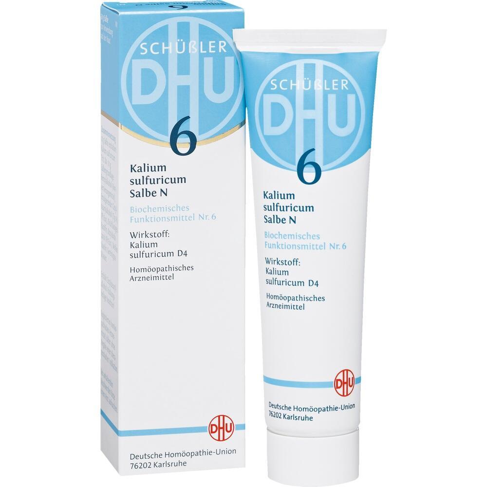 Weiße Tube und Schachtel mit blauer Aufschrift "Kalium sulfuricum Salbe N".
