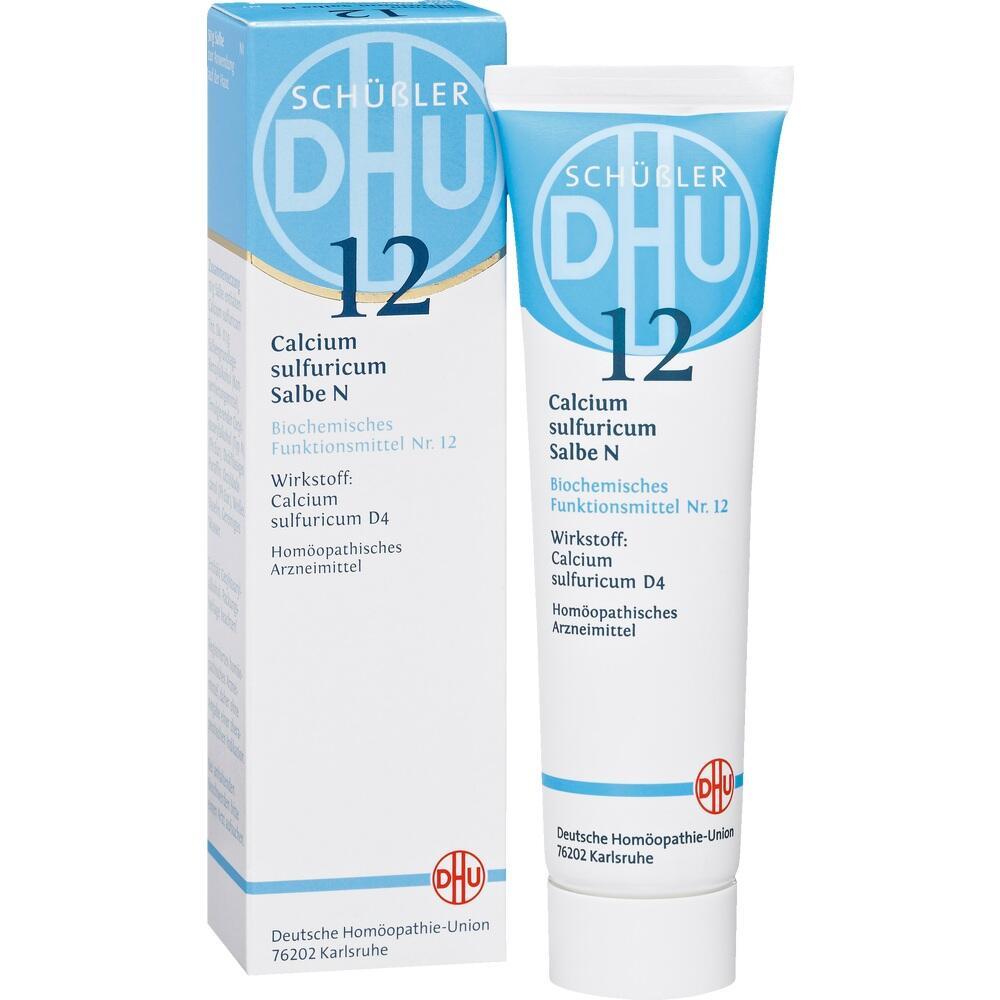 Eine Tube und Schachtel mit der Aufschrift "Calcium sulfuricum Salbe N".